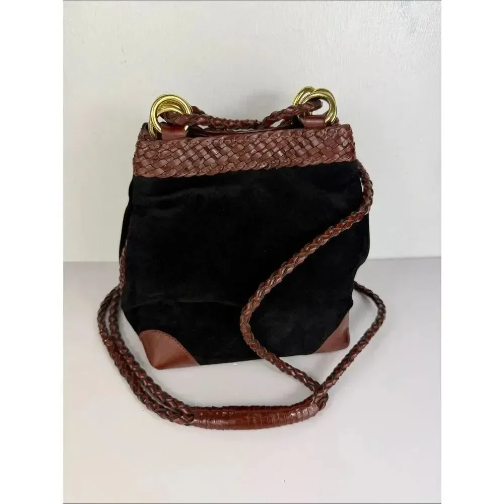 LJS Collection Black Suede Brown Leather Braided Shoulder Bag Vintage